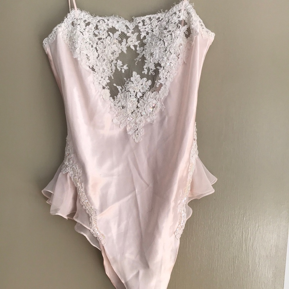 Victoria’s Secret pale pink satin and lace , pearl trim w/ sequins. Gold label